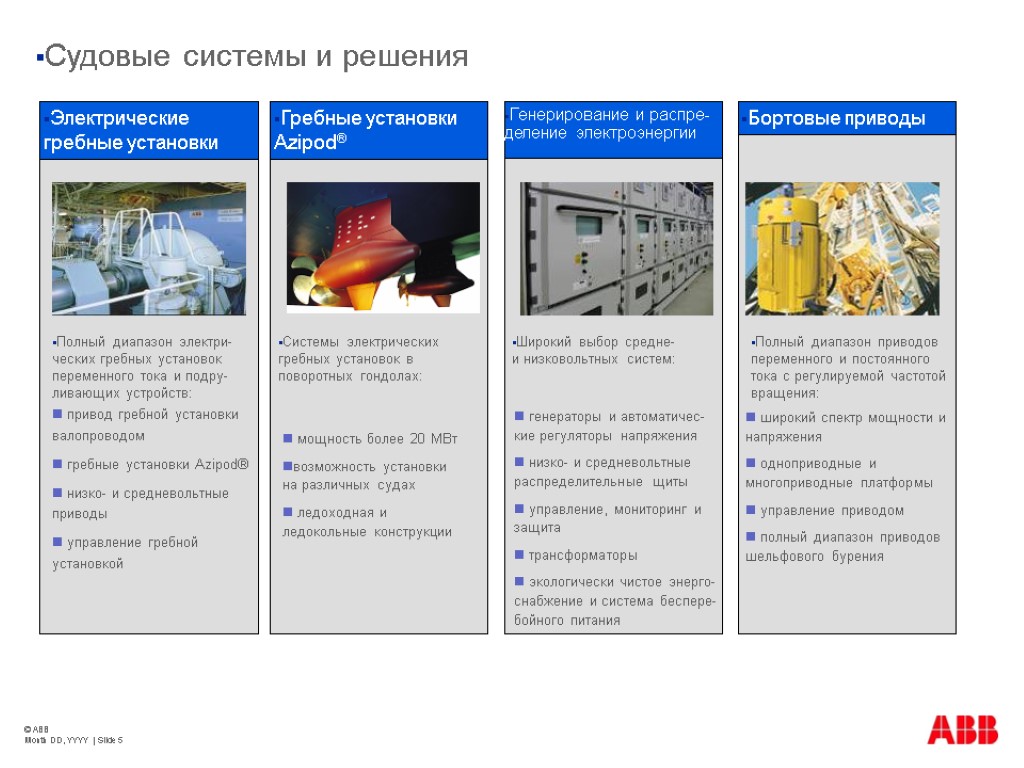 © ABB Month DD, YYYY | Slide 5 Судовые системы и решения привод гребной